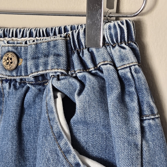 Boho Balloon Barrel Leg Cropped Blue Pull-On Slouchy Distressed Jeans - Picture 4 of 6